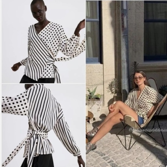 Zara Asymmetrical Stripes and Polka Dots Wrap Front Tie Women's Blouse Sz Small - Picture 6 of 8